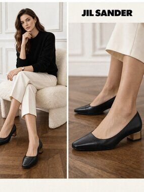 JIL SANDER Black Leather Pumps Gold Metallic Heel Pointed Toe Kitten Heel 38.5